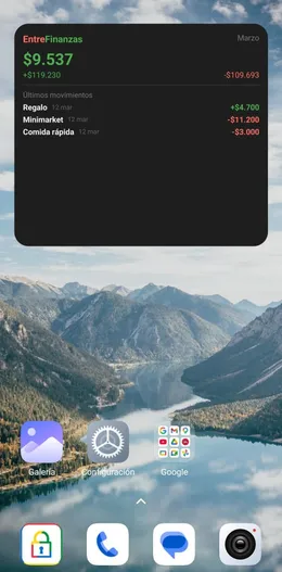 Widget de EntreFinanzas en pantalla de inicio